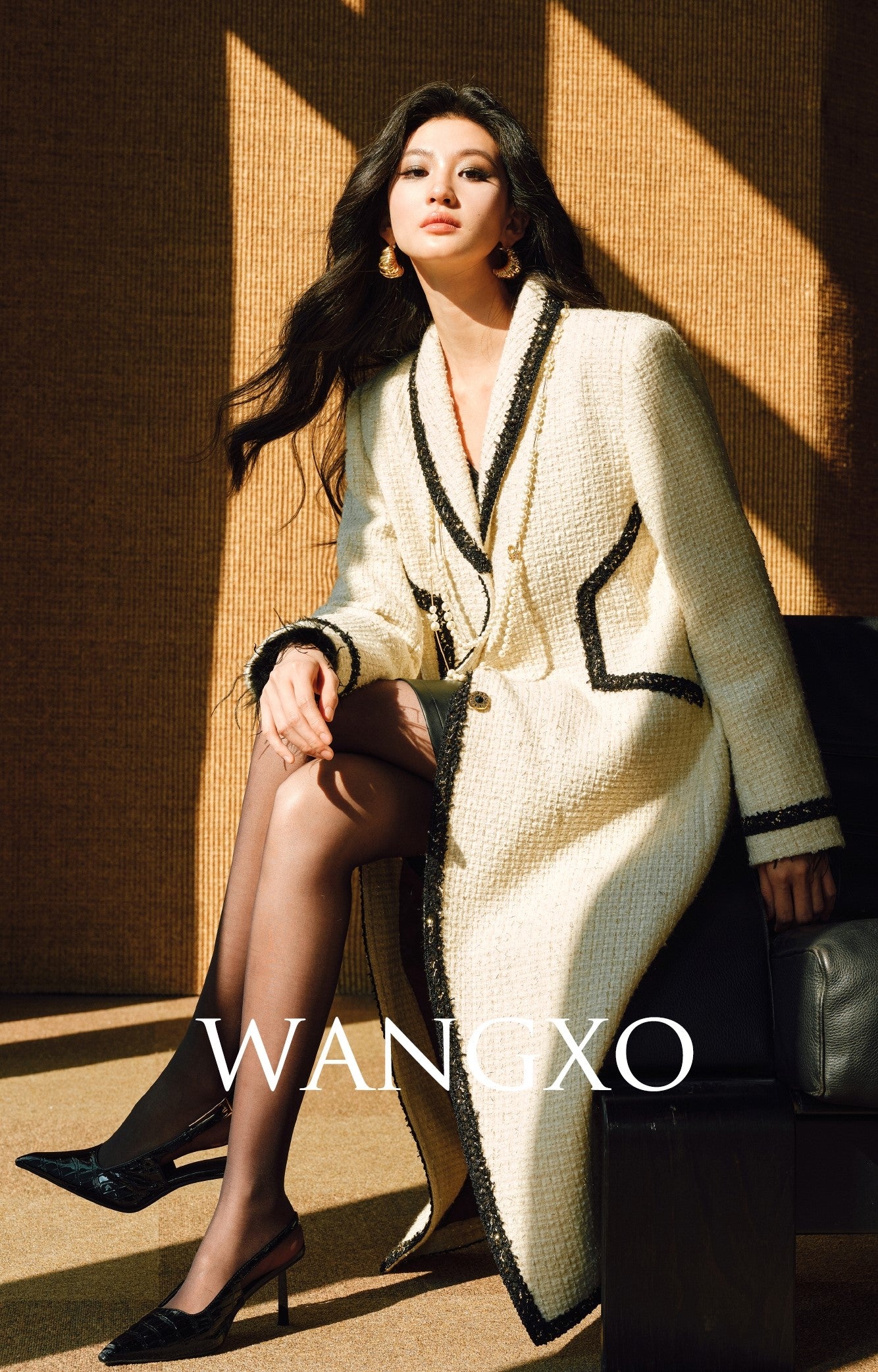 WANGXO | Embossed Shiny Onion Wool Tweed Long Coat with Shawl Collar - MYRA.