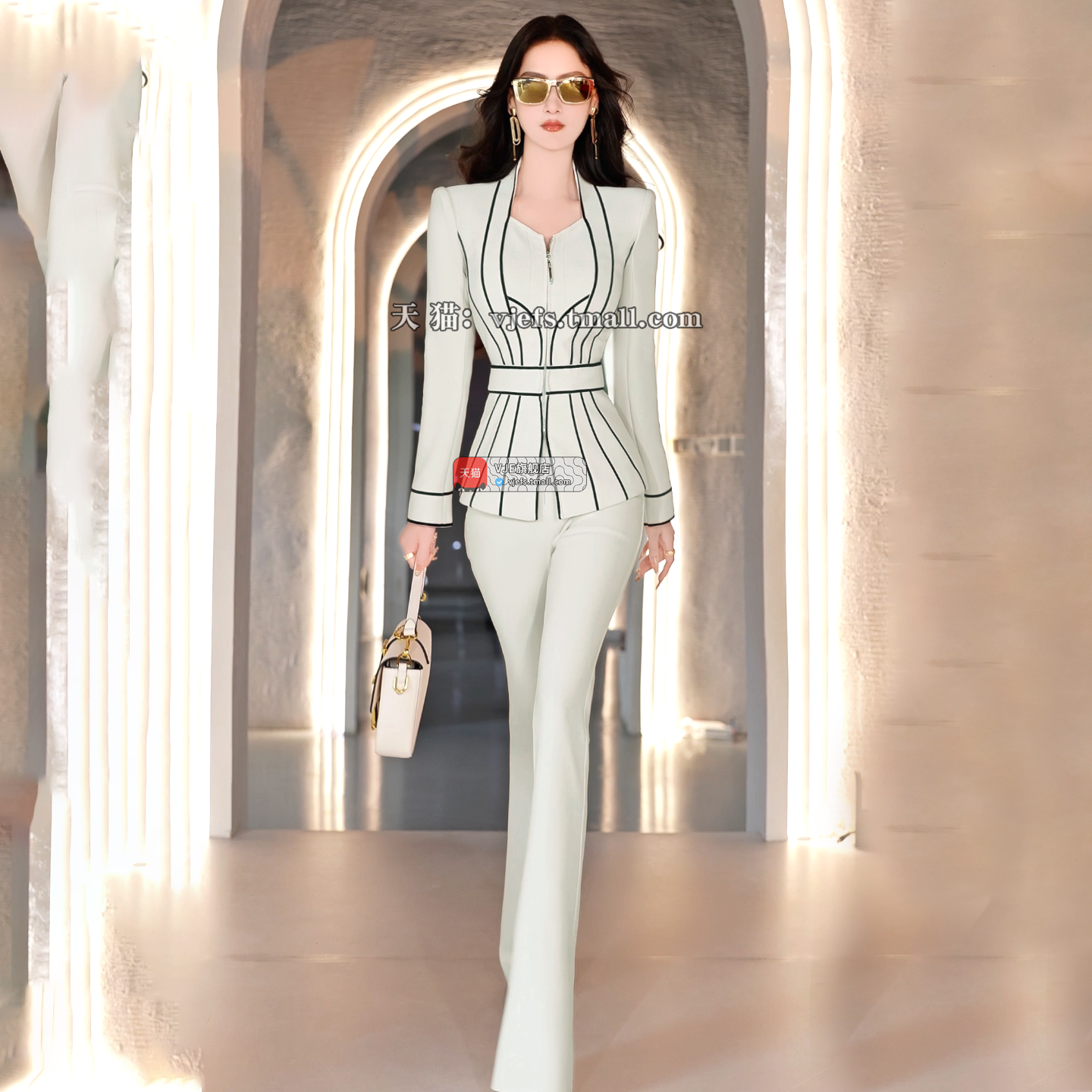 VJE two-piece spliced small suit high-waisted flared pants set - ASOBI.