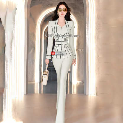 VJE two-piece spliced small suit high-waisted flared pants set - ASOBI.