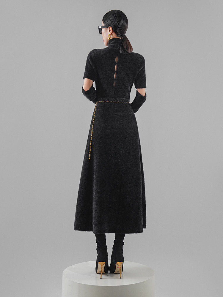 Huanzi French backless Hepburn black elegant mid-length autumn winter dress