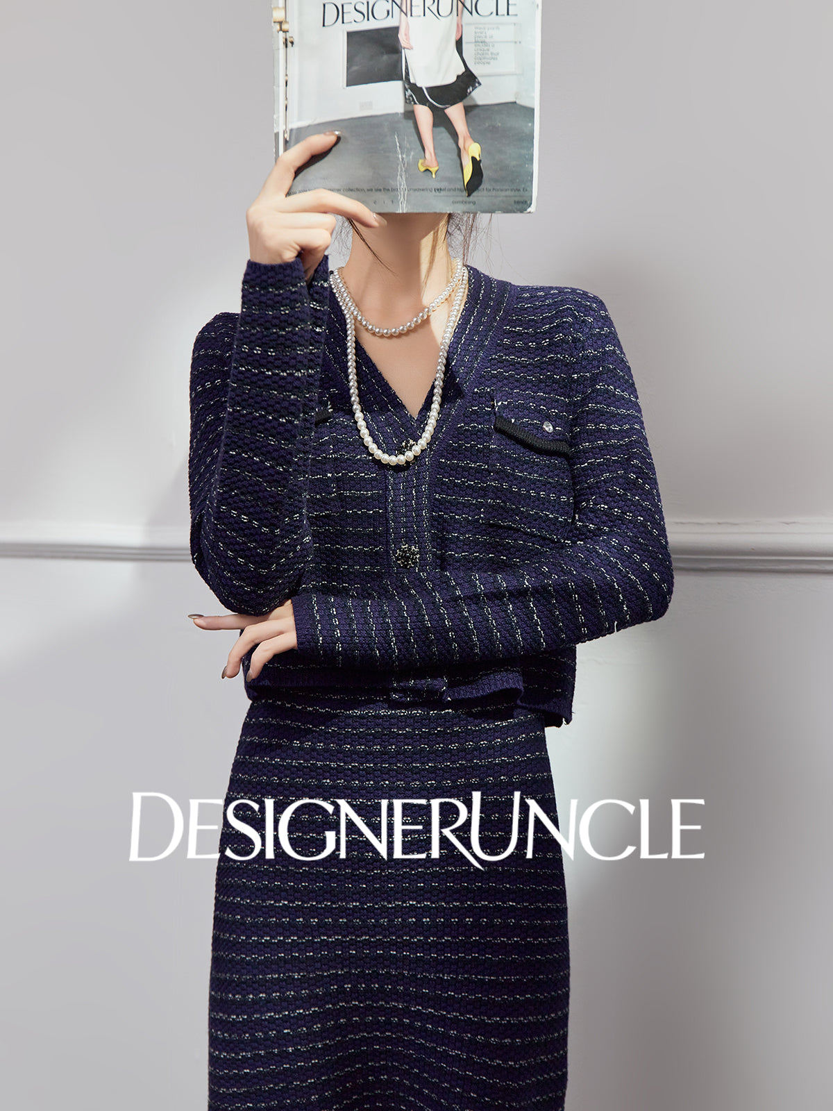 DGU|Royal Blue SSmall Fragrance V-Neck Elegant Knitted Top Two-Piece Set.