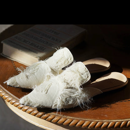 B-FEI white fringed pointed toe flat shoes-KUTAPRO.