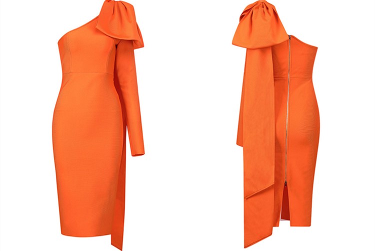 DOLLY Elegant Slant Collar Long Sleeve Bow Drape Body Hug Dinner Dress-CALA