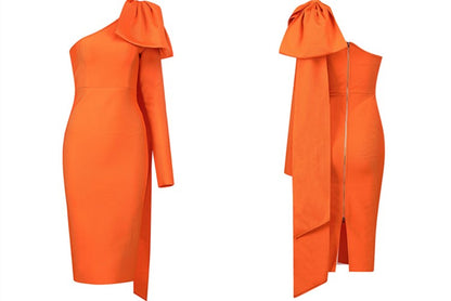 DOLLY Elegant Slant Collar Long Sleeve Bow Drape Body Hug Dinner Dress-CALA