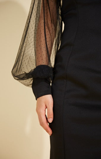 DOLLY Elegant Black One Shoulder Mesh Puff Long Sleeve Slim Fit Dinner Dress-AGNES