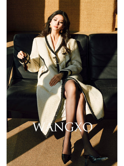WANGXO | Embossed Shiny Onion Wool Tweed Long Coat with Shawl Collar - MYRA.