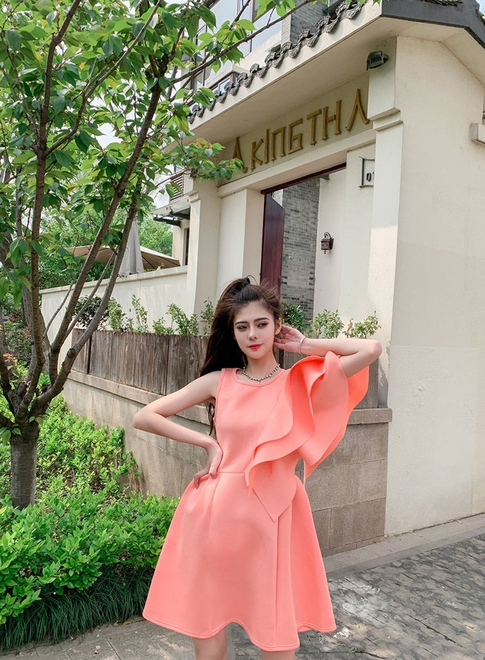 DOLLY Luxury Retro Style Crew Neck One Shoulder Ruffle Sleeves Midi Office Dress-CLAUDI