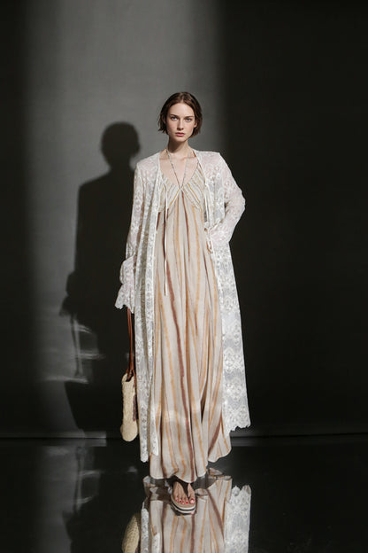 PIAOIN resort-style vertical stripe design sundress women's halterneck design cinched waist dress high-quality spring and summer-GISELLE