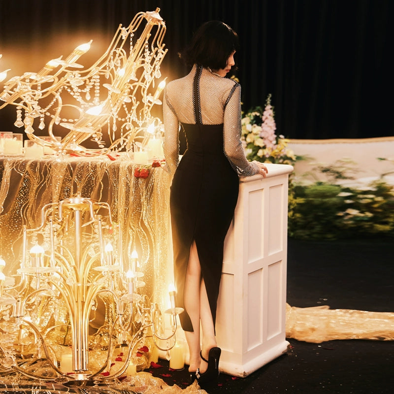 DOLLY Elegant Black Queen Style Turtle Neck Long Sleeve Slim Fit Long Dinner Dress-ELUALIA