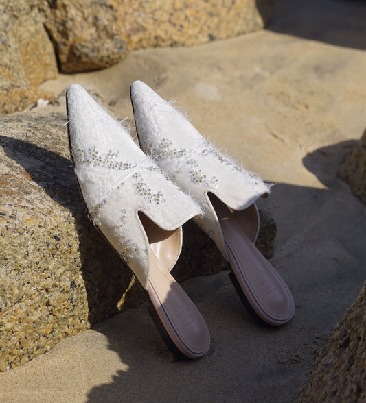 B-FEI women's flat lazy pointed white toe mules-ANDI.