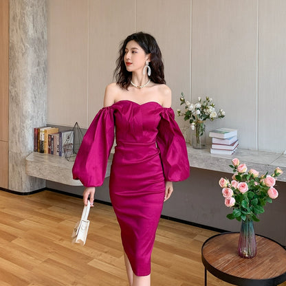 DOLLY High End Retro Style Off Shoulder Long Puff Sleeve Chest Wrap Dress-KILA