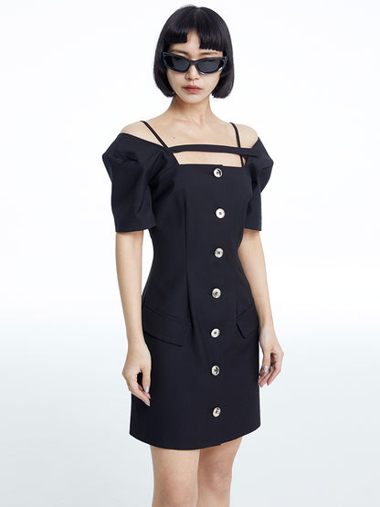 TINY IN dropped shoulders short sleeve square neck little black dress -JAJA