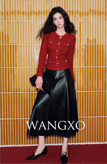 WANGXO | Luxurious Glossy Protein Leather Sheepskin A-Swing Skirt-ZARA.