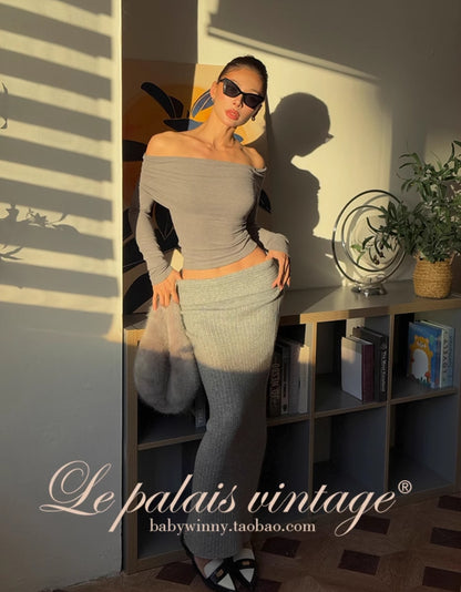 Le Palais Vintage Autumn/Winter Gray Wool Knit Wrap Long Skirt-FERA