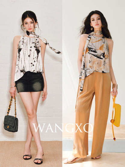 WANGXO | Satin Oil-Paint Floral Shadow Silken Drape Top -EVELISE.