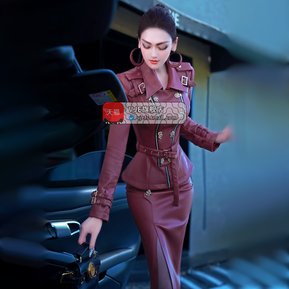 VJE PU Leather Jacket Midi Hip Skirt Two-Piece Skirt Suit Set-BORA.