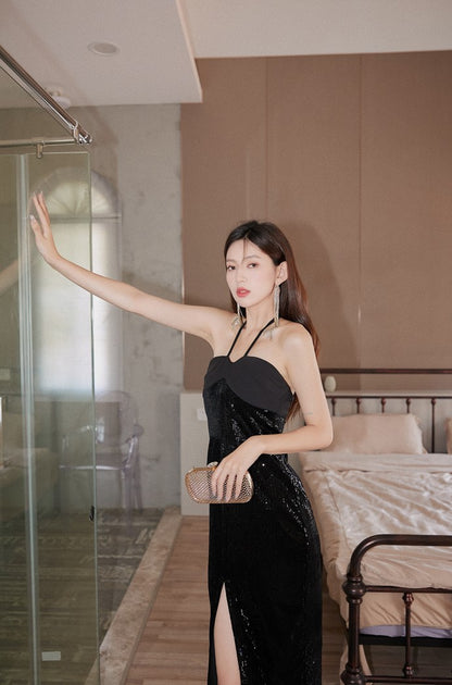 DOLLY Elegant Black Sequin Halter Neck Tube Top Slit Dinner Date Dress-VALENCIA