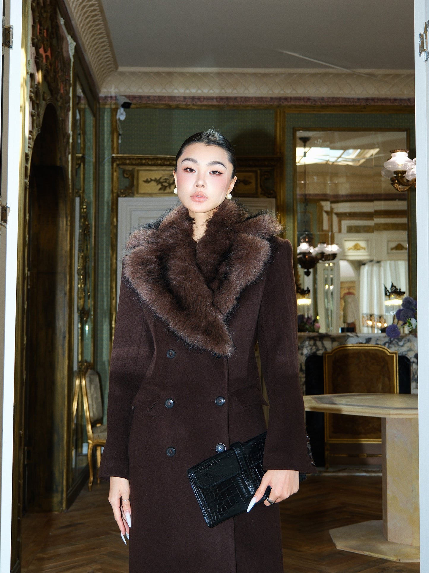 MEI SANGUAN Wool Coffee Fur Collar Jacket- GABRIELLA