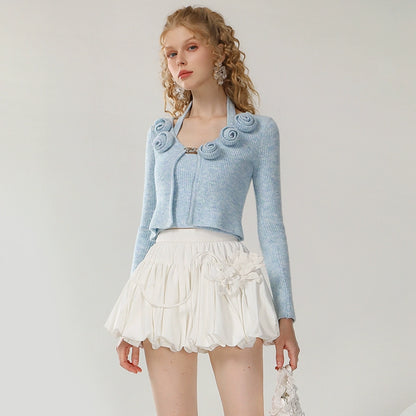 CHECOCRE Chic Three-dimensional Blue Flowers Wool Cardigan Two-piece  - CARE