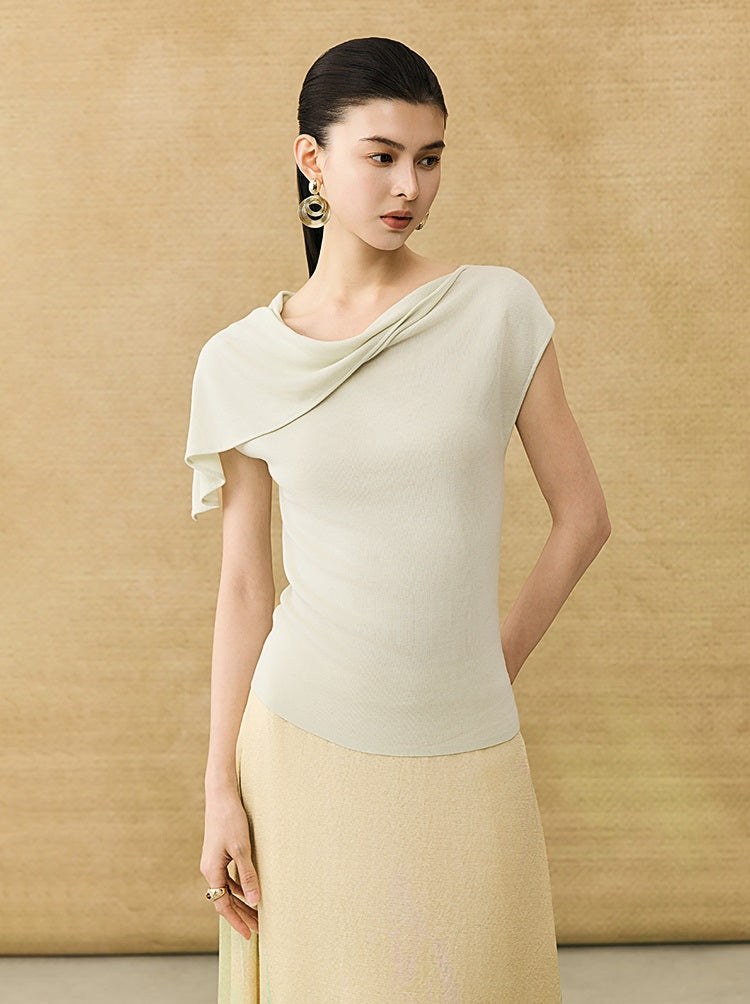 HECO Chinese temperament asymmetrical floating collar sleeveless base knit sweater - QUER.