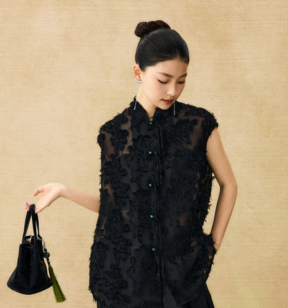 HECO Chinese Style Stand-up Collar Cut Flower Sleeveless Shirt - HELD .