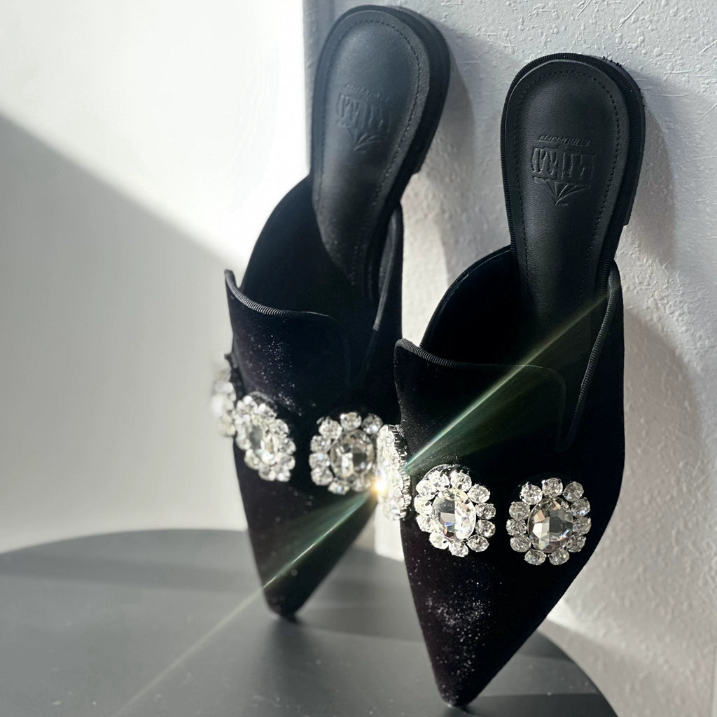 B-FEI custom pointed rhinestone flat mules.