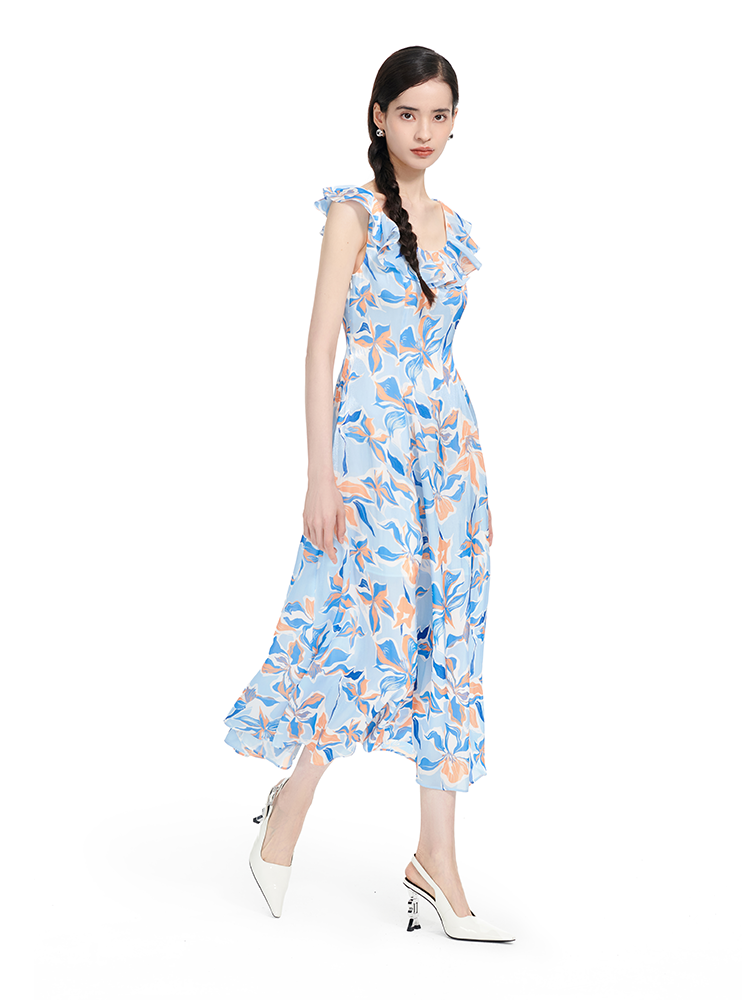 YES BY YESIR | Ye Qians Streamer Yarn Print Dress with Ruffle Collar & Breezy Romance-EVELISE.