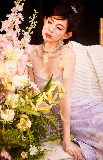 DOLLY Elegant Purple French Style Sleeveless Sequin Backless Long Evening Dress-WILLOW   (V)