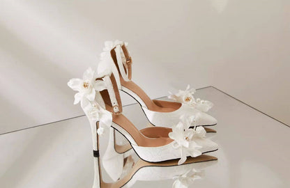 B-FEI white flower wedding ankle strap high heel shoes-MIJI.