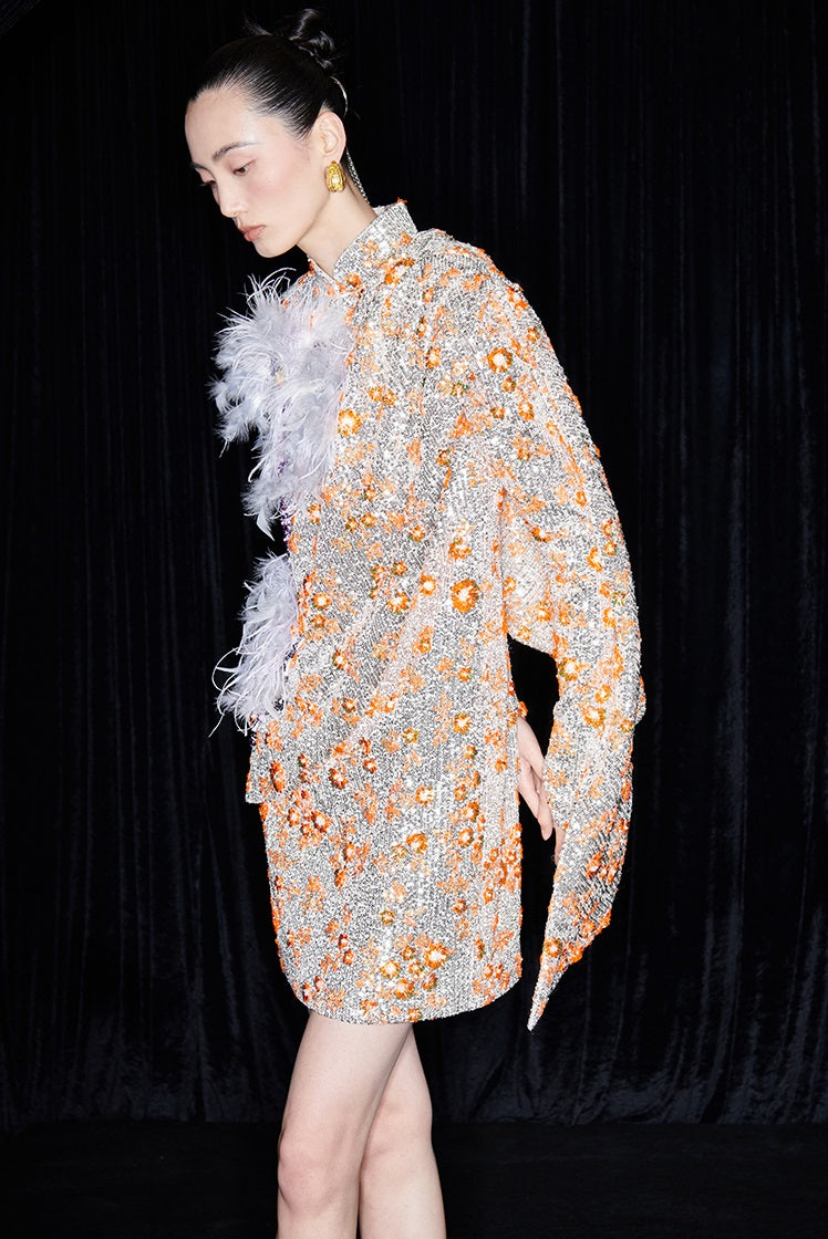 M essential Mackay designer vermilion embroidery iris ostrich feather bead dress - GINA.