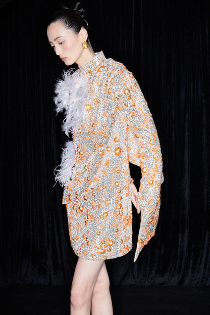 M essential Mackay designer vermilion embroidery iris ostrich feather bead dress - GINA.