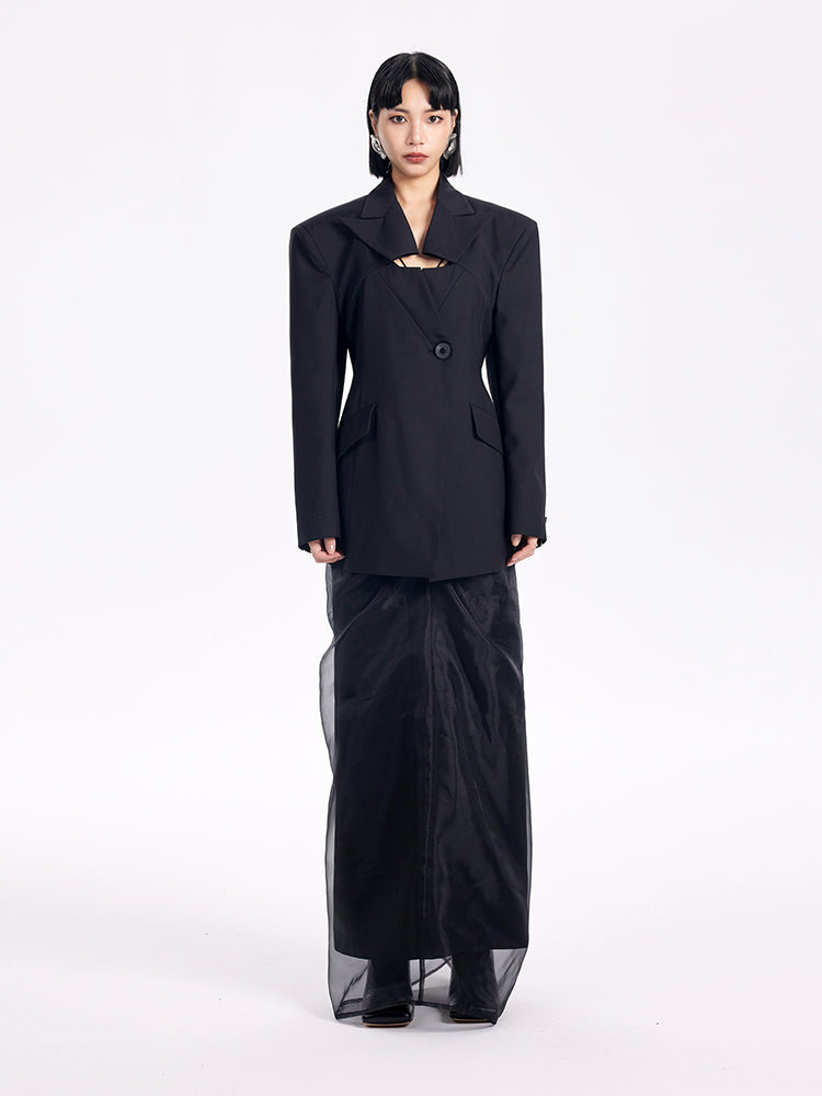 TINY IN casual black cut-out collar waist coat-SYAD
