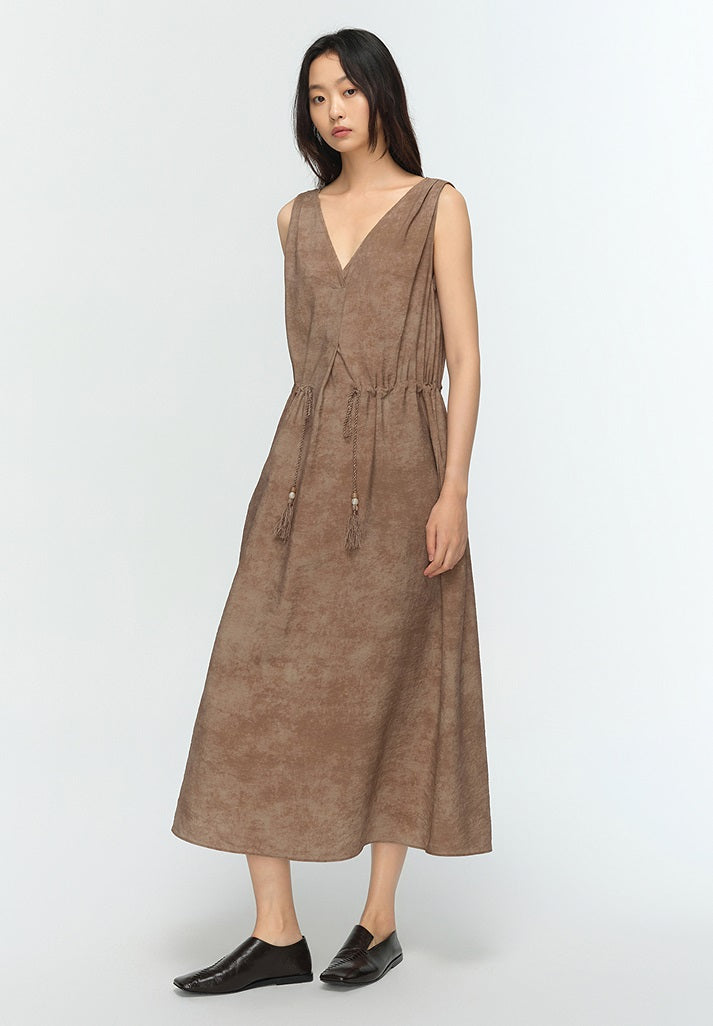 COMME MOI summer sleeveless V-neck drawstring brown dress - FRANK.