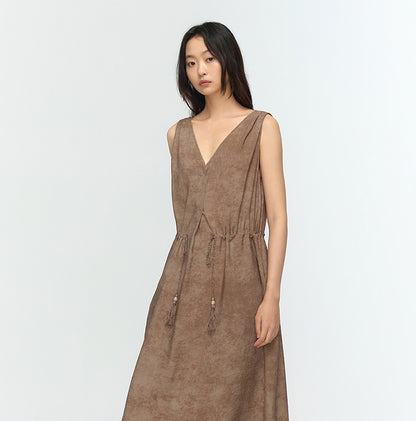 COMME MOI summer sleeveless V-neck drawstring brown dress - FRANK.
