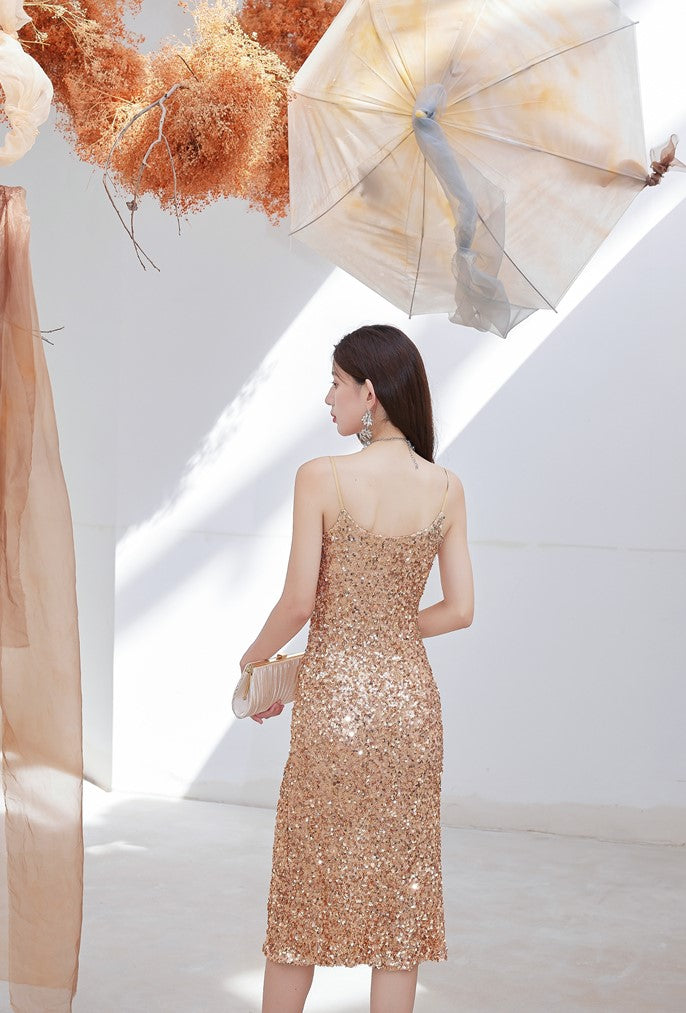 DOLLY Luxury Gold French Style Sleeveless Bright Sequin Mini Slit Dress-NELLIE