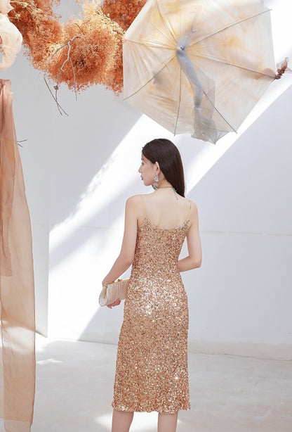 DOLLY Luxury Gold French Style Sleeveless Bright Sequin Mini Slit Dress-NELLIE