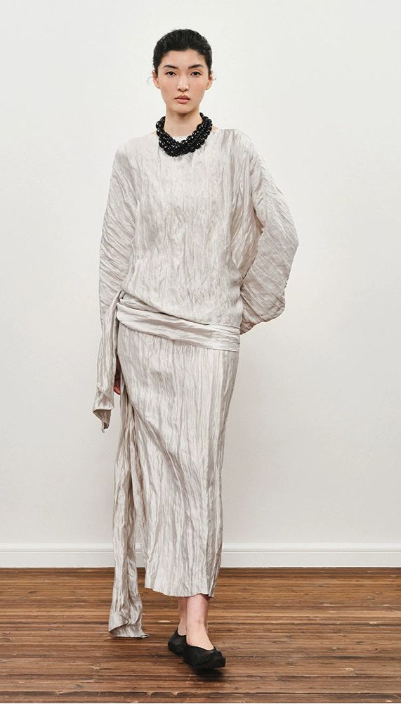 ZHUCHONGYUN crinkled voluminous sleeve top and asymmetrical wrap skirt outfit set-MIERA.