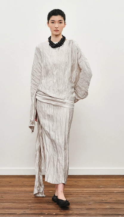 ZHUCHONGYUN crinkled voluminous sleeve top and asymmetrical wrap skirt outfit set-MIERA.