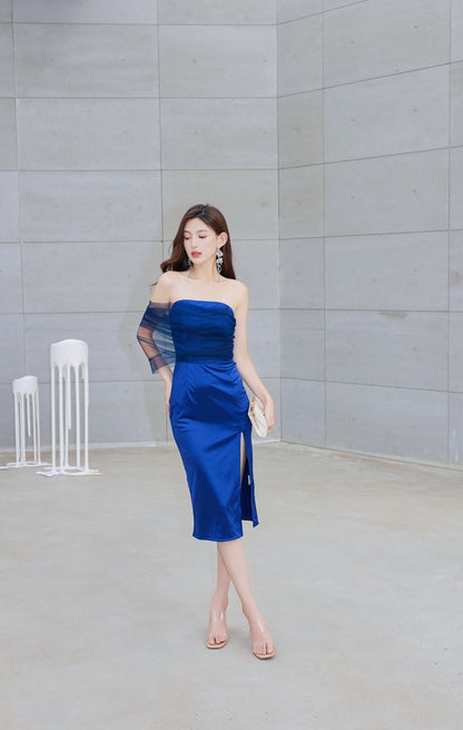 DOLLY Elegant Royal Blue One Shoulder Chest Wrap Slim Fit Slit Dinner Dress-ALLEGRA