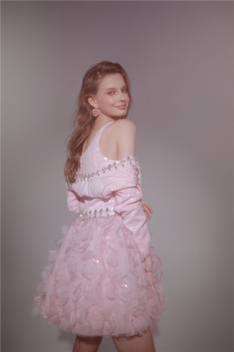 Wardrobes by Chen Elegant Pink Long Sleeve Short Jacket/Ruffle bridal Dress-Maggy