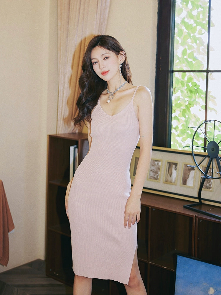 DOLLY Luxury Simple V-Neck Sleeveless Slim Fit Knitted Split Hip Date Dress-KELA