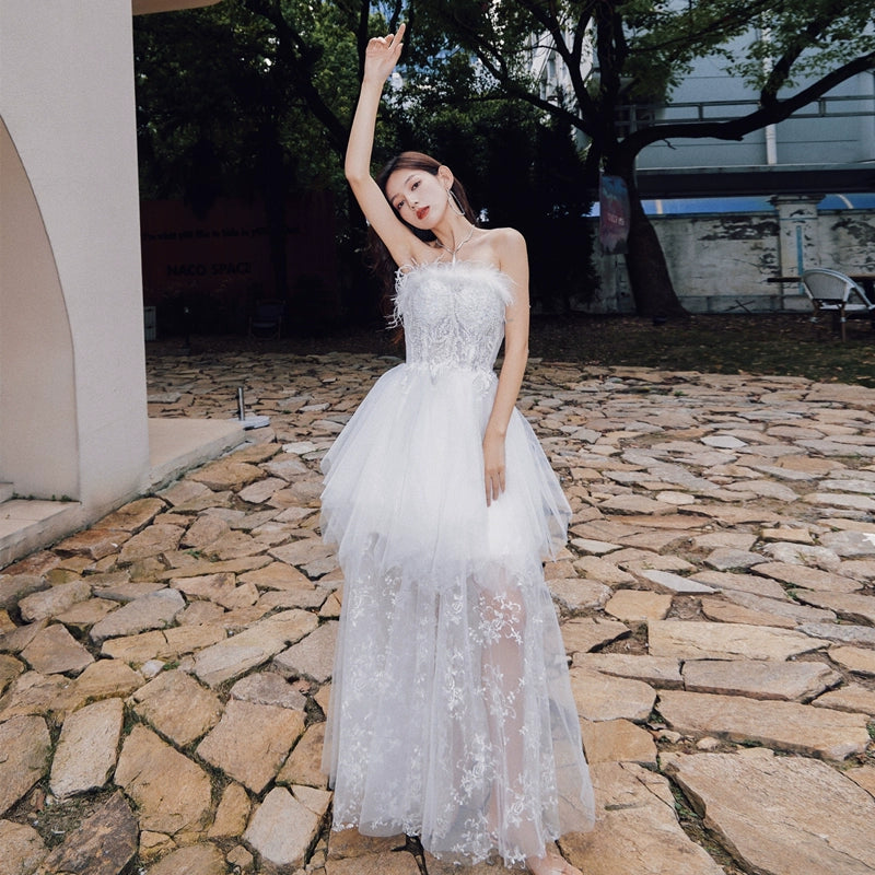 DOLLY Elegant Sleeveless Feather Tube Top Embroidery Long Tutu Dinner Dress-KYLIE