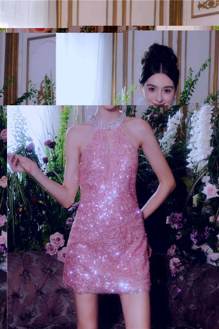 Wardrobes by Chen Luxury Sleeveless halter Sequin Short cocktail Dress- Limmi