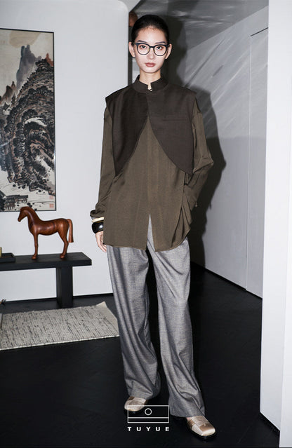 TUYUE moss green handmade buckle long-sleeved shirt- AMIR.