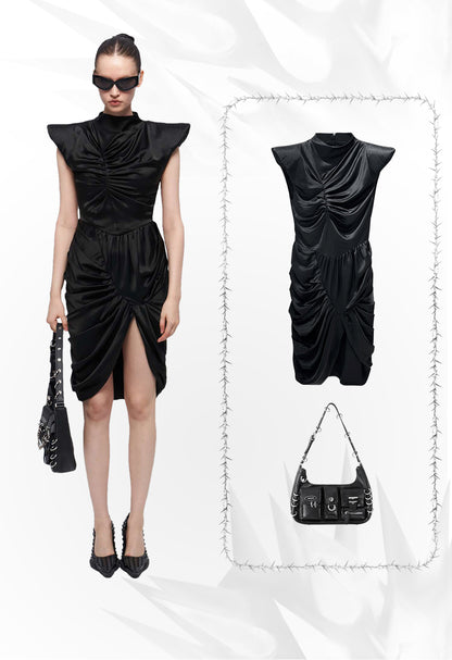 ANNAKIK black acetic multi-pleated three-dimensional flying sleeve dress-SHIGAKI