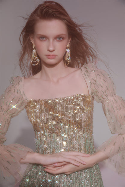 Wardrobes by Chen High End Golden Green multi color sequince mini dress-Serah