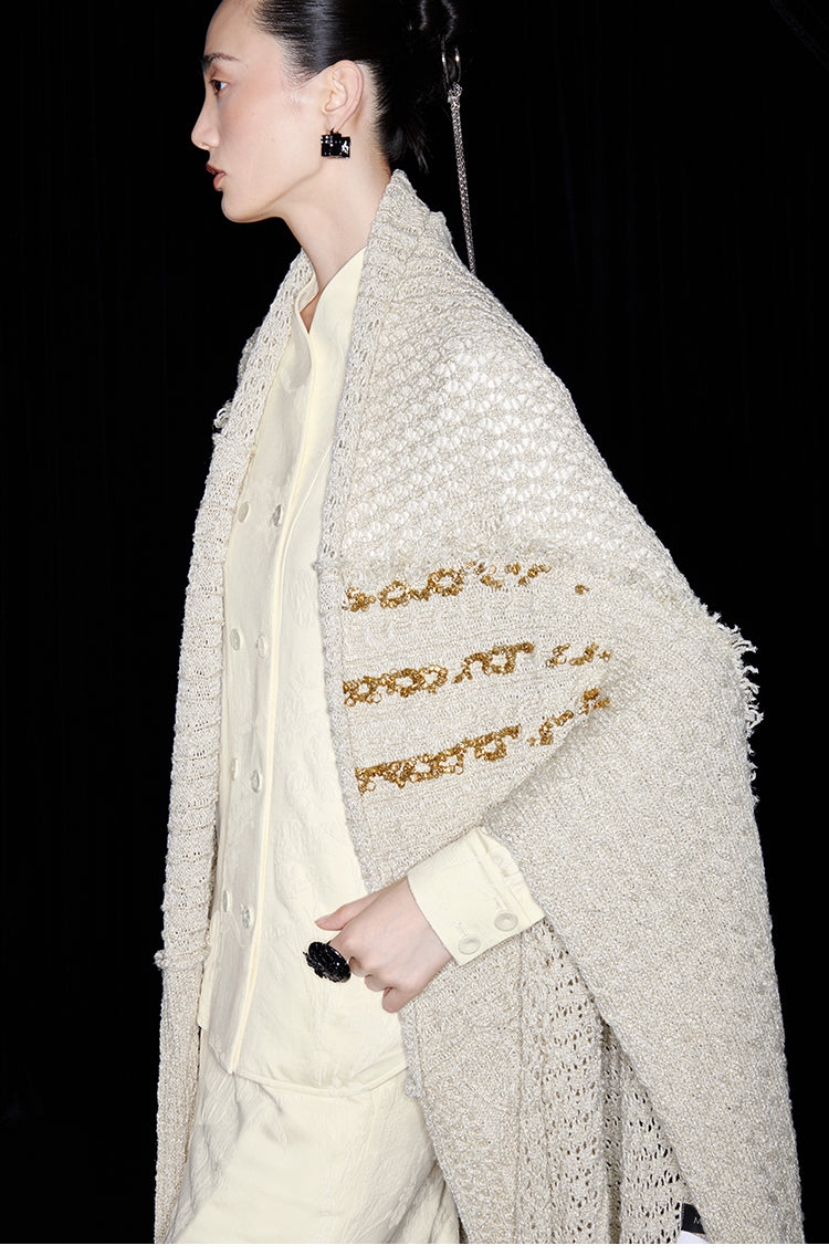 M essential Mackay designer Jin Rao knitted twisted beaded style cape - stat.