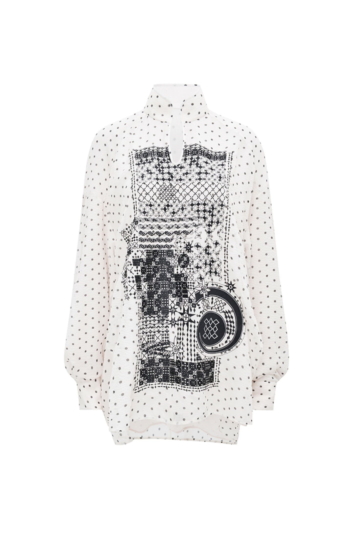 M essential Mackay designer Fubo tulle printed pavé embroidery stand-up collar shirt - LOVE.