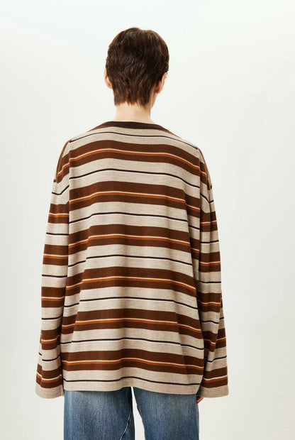 PIAOIN stripe design neutral loose long sleeve T-shirt silk wool knitwear spring-CIX