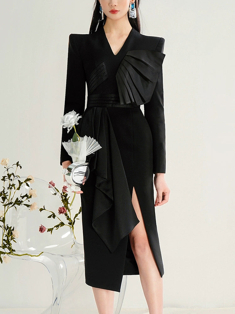 CHECOCRE Classy Design Sense Slit Temperament Elegant Black Suit Dress - ENYA